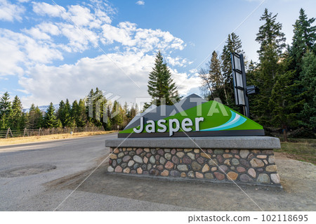 Signboard of Jasper National Park, Canadian Rockies, Alberta, Canada. Signboard of Jasper National Park, Canadian Rockies, Alberta, Canada. 102118695