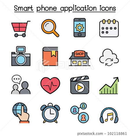 Smart phone application color line icon set Smart phone application color line icon set 102118861