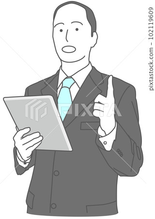 A man wearing a suit explaining with a tablet terminal A man wearing a suit explaining with a tablet terminal 102119609