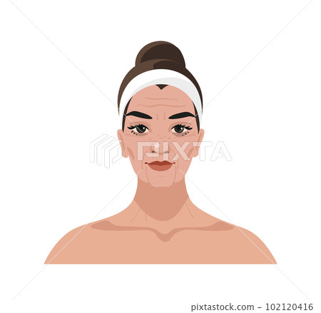 Portrait of a mature woman with wrinkles and age changes, cosmetic procedures, injections, plastic surgery, vector cartoon illustration isolated on a white background. Portrait of a mature woman with wrinkles and age changes, cosmetic procedures, injections, plastic surgery, vector cartoon illustration isolated on a white background. 102120416