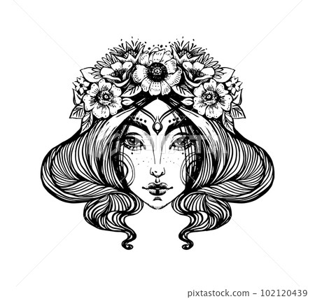 Portrait of a beautiful young girl with a flower wreath, linear icon, logo, vintage boho tattoo, virgo zodiac sign, woman face engraving, modern hand drawing. Vector illustration isolated on white Portrait of a beautiful young girl with a flower wreath, linear icon, logo, vintage boho tattoo, virgo zodiac sign, woman face engraving, modern hand drawing. Vector illustration isolated on white 102120439