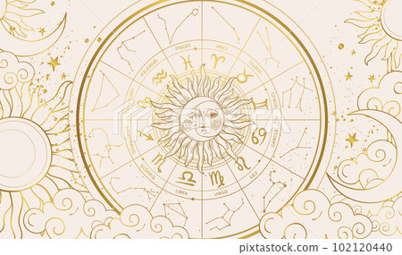 Zodiac wheel with 12 signs and constellations, astrology vintage banner with golden sun and moon, horoscope background. Hand drawn vector illustration, modern aesthetic. Zodiac wheel with 12 signs and constellations, astrology vintage banner with golden sun and moon, horoscope background. Hand drawn vector illustration, modern aesthetic. 102120440