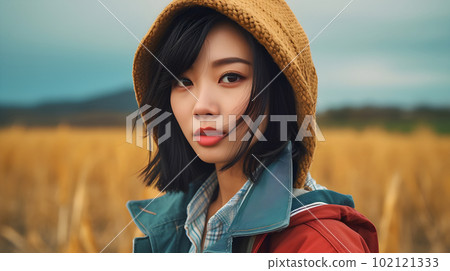 A young woman in casual wear standing in a wheat field [AI-generated image] 102121333