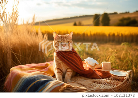 Ginger cat picnicing in sunset. Generative AI 102121378