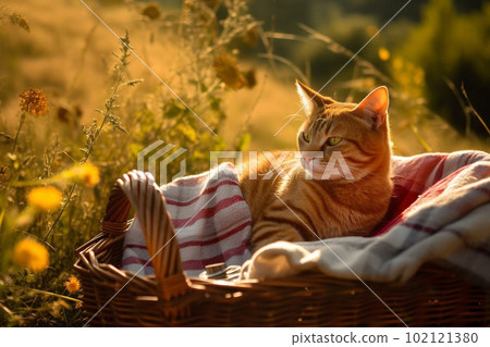 Ginger cat picnicing in sunset. Generative AI 102121380