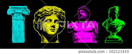 Halftone Greece modern statues. Collage design elements in trendy magazine style. Vector illustration with vintage grunge punk cutout shapes. Halftone Greece modern statues. Collage design elements in trendy magazine style. Vector illustration with vintage grunge punk cutout shapes. 102121433