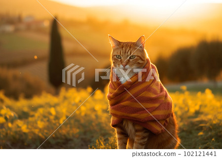 Ginger cat in Tuscany. Generative AI 102121441