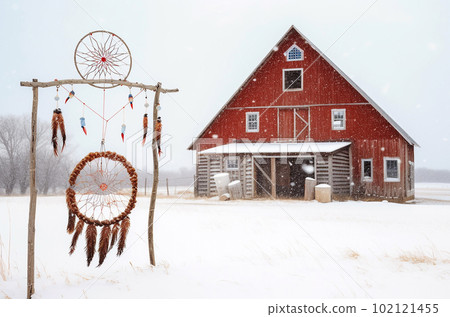 Retro dream catchers hanging red barn on background. Generative AI Retro dream catchers hanging red barn on background. Generative AI 102121455