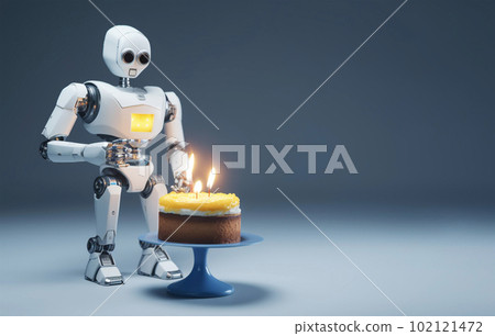 Small retro robot with cake and lit candles. Generative AI Small retro robot with cake and lit candles. Generative AI 102121472
