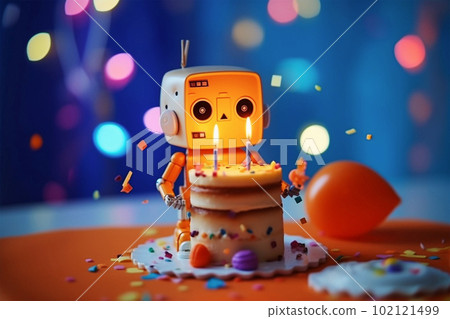 Small cute retro robot with cake and lit candles. Generative AI Small cute retro robot with cake and lit candles. Generative AI 102121499