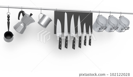 Set of kitchen utensil, stewpot, frying pan and chrome cookware hanging on shelf 102122028