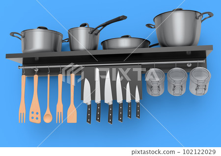 Set of kitchen utensil, stewpot, frying pan and chrome cookware hanging on shelf 102122029