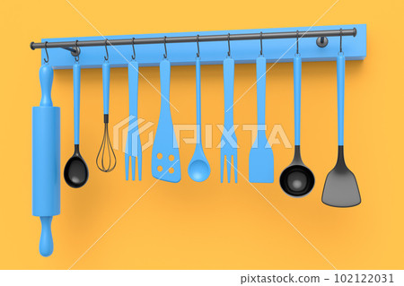 Set of kitchen utensil for preparation of dough hanging on shelf on orange 102122031