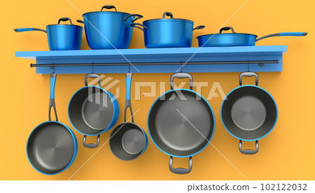 Set of stewpot, frying pan and chrome plated cookware hanging on shelf on orange Set of stewpot, frying pan and chrome plated cookware hanging on shelf on orange 102122032