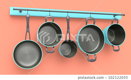 Set of stewpot, frying pan and chrome plated cookware hanging on shelf on pink Set of stewpot, frying pan and chrome plated cookware hanging on shelf on pink 102122035