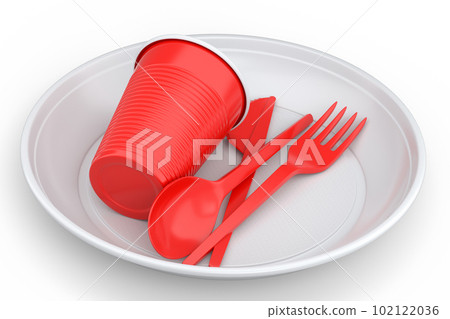 Set of disposable utensils like plate, folk, spoon,knife and cup on white. Set of disposable utensils like plate, folk, spoon,knife and cup on white. 102122036