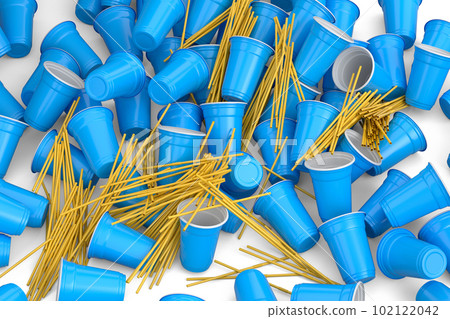 Heap of disposable utensils like plate, folk, spoon,knife and cup on white. Heap of disposable utensils like plate, folk, spoon,knife and cup on white. 102122042