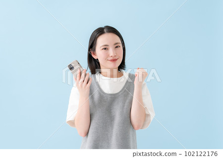 Female casual smartphone fist pump 102122176