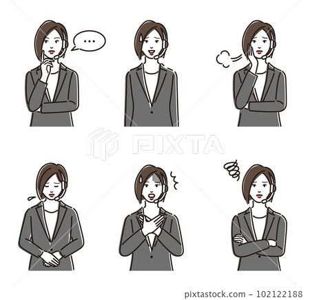 A set of negative facial expressions of a female operator wearing a headset A set of negative facial expressions of a female operator wearing a headset 102122188