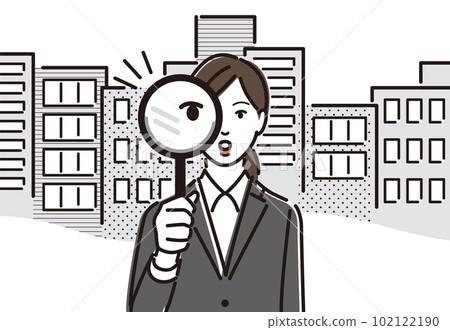 Female business person with magnifying glass for company research 102122190