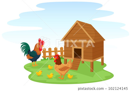 Cute chicken family with henhouse Cute chicken family with henhouse 102124145