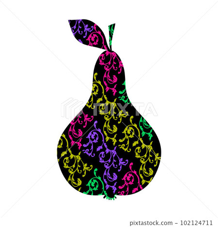 Pear silhouette with decorative ornament. Decorative fruit symbol. 102124711