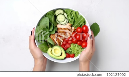 Chicken salad bowl in hand. Illustration AI Generative Chicken salad bowl in hand. Illustration AI Generative 102125002