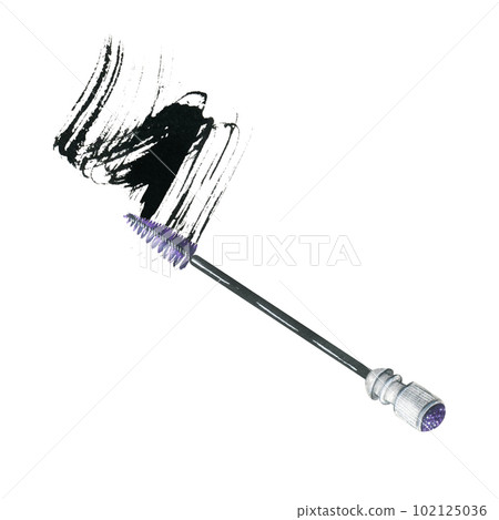 Brush for combing eyelashes and eyebrows with a smear of black paint, mascara. Watercolor illustration, hand drawn. Isolated composition on a white background Brush for combing eyelashes and eyebrows with a smear of black paint, mascara. Watercolor illustration, hand drawn. Isolated composition on a white background 102125036