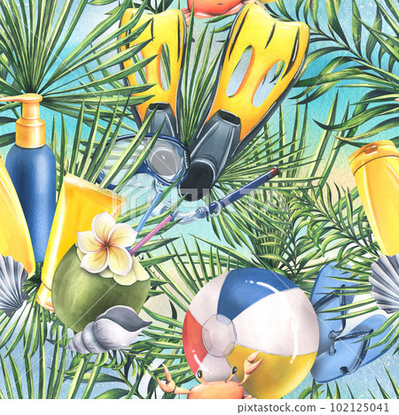 Tropical, beach, summer, seamless pattern, bright with flippers, beach ball, sun creams, palm leaves and crab. Watercolor illustration, hand drawn. For fabric, textile packaging, print. Tropical, beach, summer, seamless pattern, bright with flippers, beach ball, sun creams, palm leaves and crab. Watercolor illustration, hand drawn. For fabric, textile packaging, print. 102125041