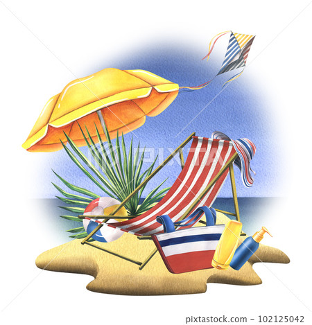 Sandy beach with sun umbrella, striped sun lounger and kite against sea and sky. watercolor illustration, hand drawn. Isolated summer composition on a white background. Sandy beach with sun umbrella, striped sun lounger and kite against sea and sky. watercolor illustration, hand drawn. Isolated summer composition on a white background. 102125042