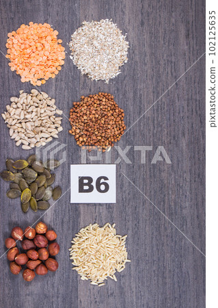 Healthy ingredients containing vitamin B6 and minerals. Nutritious eating. Place for text Healthy ingredients containing vitamin B6 and minerals. Nutritious eating. Place for text 102125635