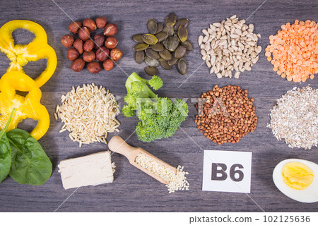 Healthy ingredients containing vitamin B6 and minerals. Nutritious eating Healthy ingredients containing vitamin B6 and minerals. Nutritious eating 102125636