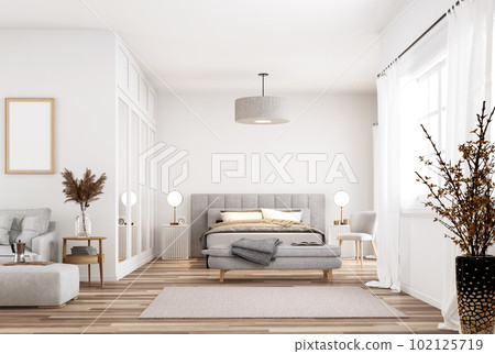 Modern style white bedroom and living room3d render Modern style white bedroom and living room3d render 102125719