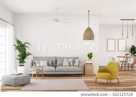 Modern style white living and dining room 3d render Modern style white living and dining room 3d render 102125720