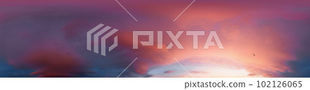 Sunset sky panorama with dramatic bright glowing pink Cumulus clouds. HDR 360 seamless spherical panorama. Full zenith or sky dome for 3D visualization, sky replacement for aerial drone panoramas. 102126065