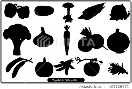 Vegetable silhouette,Vector silhouettes of vegetables, berries and fruits on a white background. A set of food stencils Vegetable silhouette,Vector silhouettes of vegetables, berries and fruits on a white background. A set of food stencils 102126971