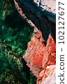 Green waves of sea with red rocks 102127677