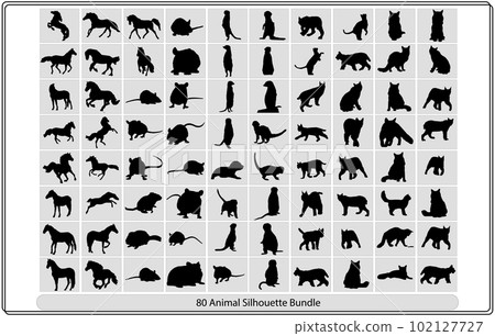 Collection of animal silhouettes on a white background,African animals silhouettes set. Giraffe, elephant, antelope, hippopotamus, rhinoceros, camel, ostrich, crocodile, flamingo, cockatoo, baboon, go Collection of animal silhouettes on a white background,African animals silhouettes set. Giraffe, elephant, antelope, hippopotamus, rhinoceros, camel, ostrich, crocodile, flamingo, cockatoo, baboon, go 102127727