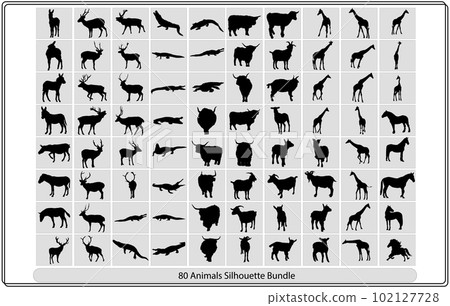 Collection of animal silhouettes on a white background,African animals silhouettes set. Giraffe, elephant, antelope, hippopotamus, rhinoceros, camel, ostrich, crocodile, flamingo, cockatoo, baboon, go Collection of animal silhouettes on a white background,African animals silhouettes set. Giraffe, elephant, antelope, hippopotamus, rhinoceros, camel, ostrich, crocodile, flamingo, cockatoo, baboon, go 102127728