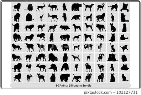 Collection of animal silhouettes on a white background,African animals silhouettes set. Giraffe, elephant, antelope, hippopotamus, rhinoceros, camel, ostrich, crocodile, flamingo, cockatoo, baboon, go Collection of animal silhouettes on a white background,African animals silhouettes set. Giraffe, elephant, antelope, hippopotamus, rhinoceros, camel, ostrich, crocodile, flamingo, cockatoo, baboon, go 102127731