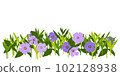 Flat design illustration of a flower bed with purple petals and green grass, vector 102128938