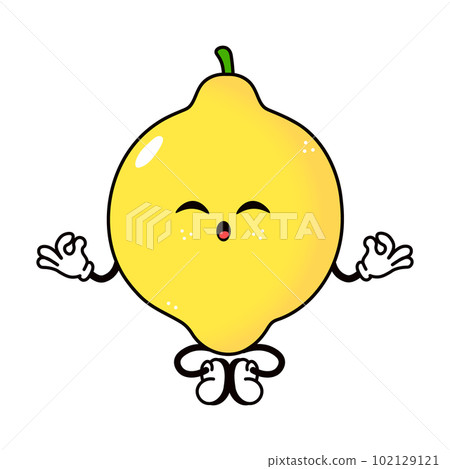 Cute funny Lemon doing yoga character. Vector hand drawn traditional cartoon vintage, retro, kawaii character illustration icon. Isolated on white background. Lemon relax character Cute funny Lemon doing yoga character. Vector hand drawn traditional cartoon vintage, retro, kawaii character illustration icon. Isolated on white background. Lemon relax character 102129121
