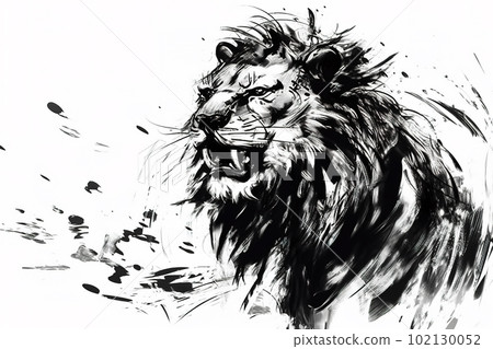 Image of a lion drawing using a brush and black ink on white background. Wildlife Animals. Illustration, generative AI. 102130052
