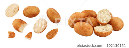 Marzipan balls or potatoes with almond isolated on white background full depth of field. Top view. Flat lay 102130131