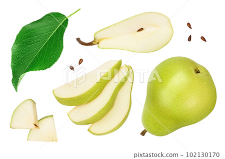 Green pear fruit with slices isolated on white background . Top view. Flat lay 102130170