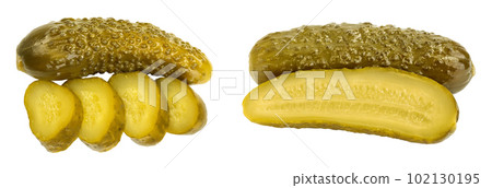 Marinated pickled cucumber isolated on white background with full depth of field. Top view. Flat lay 102130195