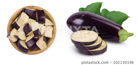Eggplant or aubergine diced in wooden bowl isolated on white background with full depth of field. Top view. Flat lay. Eggplant or aubergine diced in wooden bowl isolated on white background with full depth of field. Top view. Flat lay. 102130196