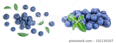 fresh ripe blueberry with leaves isolated on white background  . Top view. Flat lay pattern 102130207