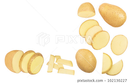 Young potato isolated on white background. Harvest new. Top view. Flat lay, Set or collection Young potato isolated on white background. Harvest new. Top view. Flat lay, Set or collection 102130227