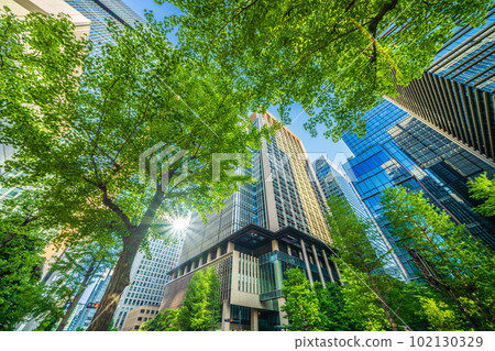 日本東京的城市景觀 從大手町一側看到丸之內等建築物和新鮮的綠色植物。畫面左側是大手町站前十字路口的方向。 102130329